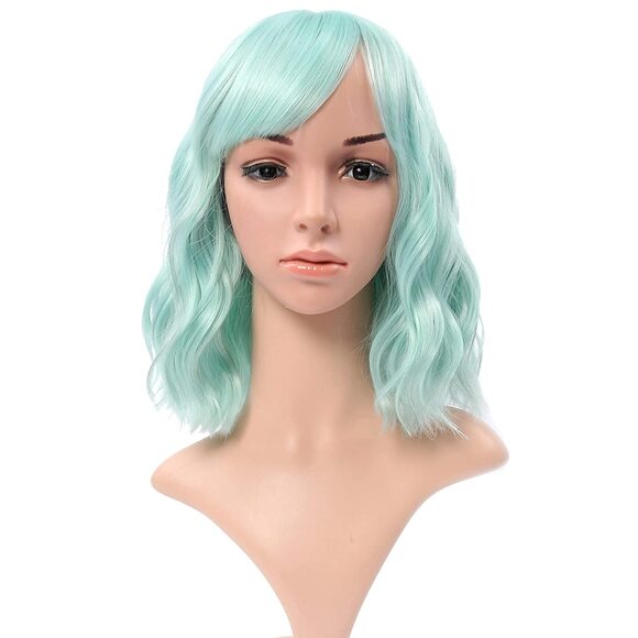 Women's Short Light Green Wigs Curly Wavy Shoulder Length Pastel Bob - Picture 3 of 3